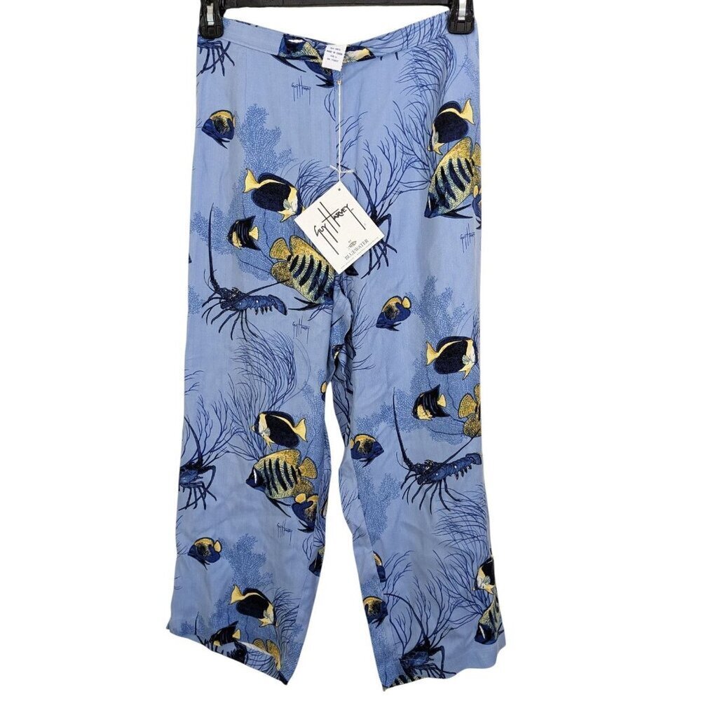 Guy Harvey AFTCO Bluewater NEW Silk Pant L Blue Floral Tropical Beachy Lobster